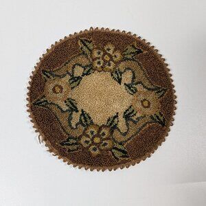 Vintage Miniature 5.5" Round Dollhouse Hooked Rug Made in Japan Neutral Floral